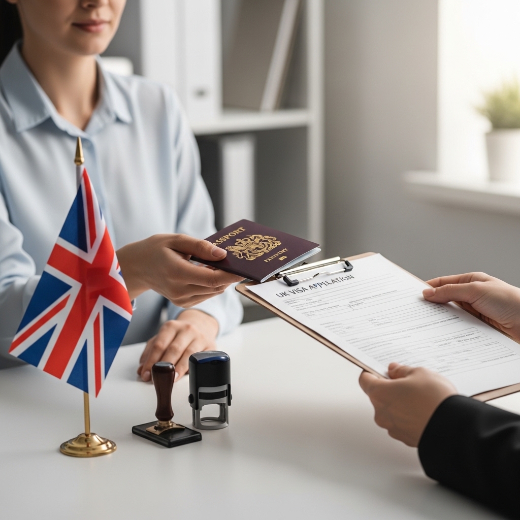 UK visa paperwork and passport handover during a client consultation.