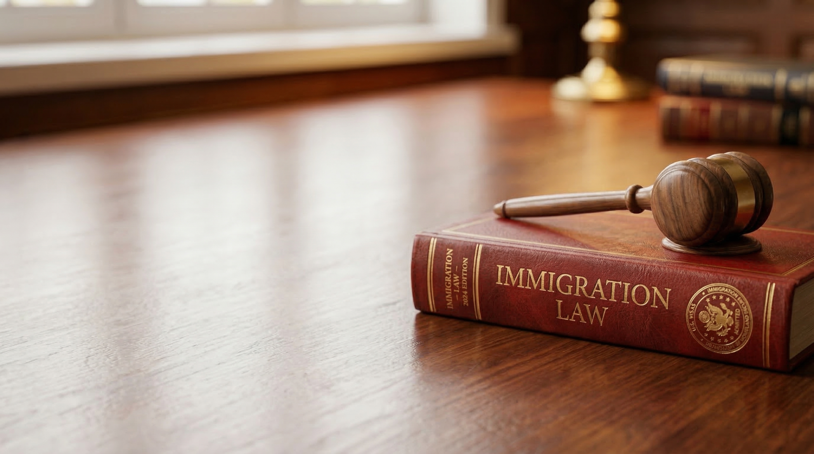 Immigration law books and a courtroom gavel arranged on a polished wooden desk.